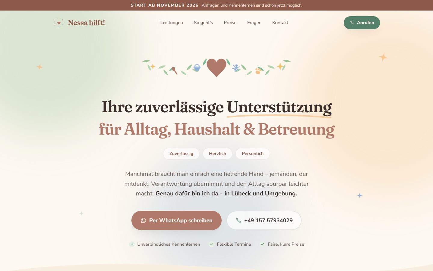 Startseite der Kundenseite Nessa hilft!: große Überschrift „Ihre zuverlässige Unterstützung für Alltag, Haushalt & Betreuung“ über den Knöpfen für WhatsApp und Anruf.